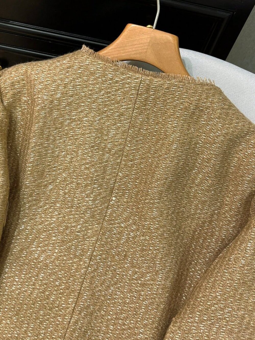 Khaki Elegant Casual Women's Loose metallic shimmer Tweed Jacket - Picture 4 of 6